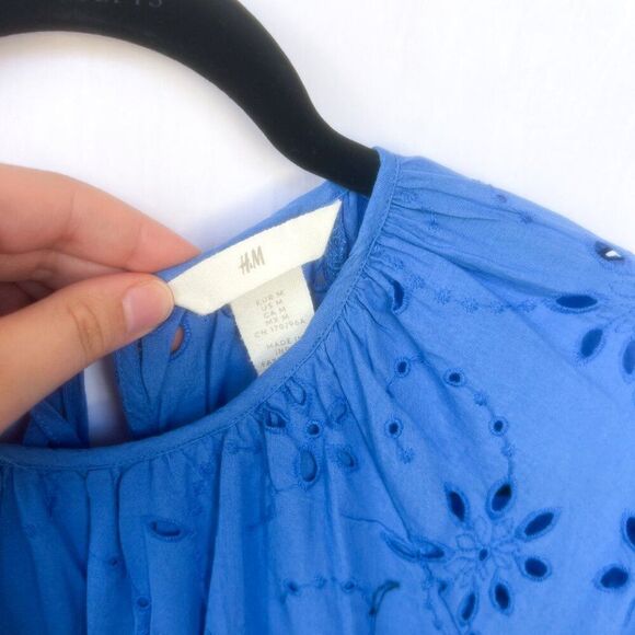 NWT H&M Blue Embroidered Eyelet Lace Long Puff Sleeve Open Back Midi Dress - Picture 5 of 14